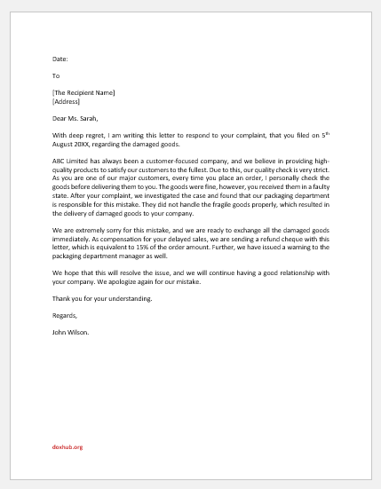 Damaged goods complaint response letter