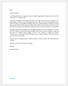 Food complaint response letter