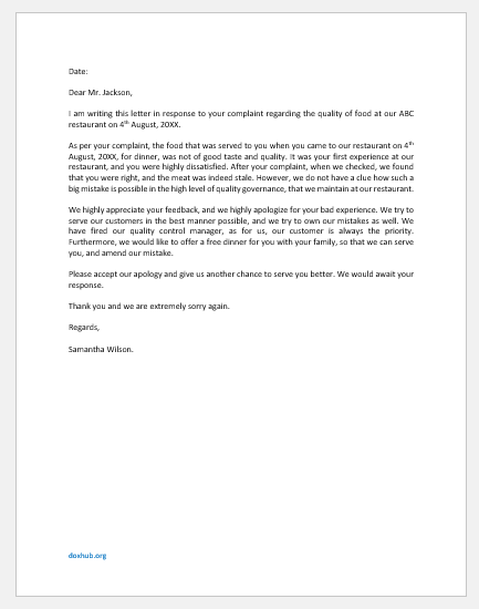 Food complaint response letter