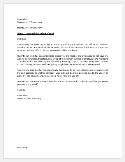 Layoff letter due to lack of work