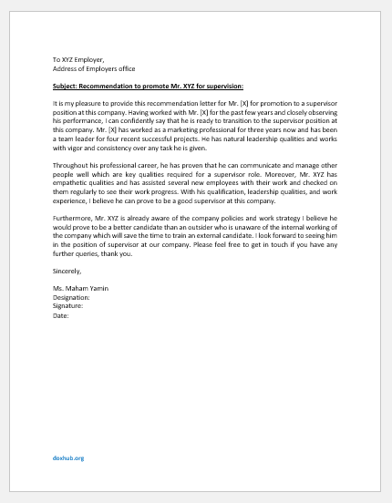 Recommendation Letter to Promote an Employee for Supervision