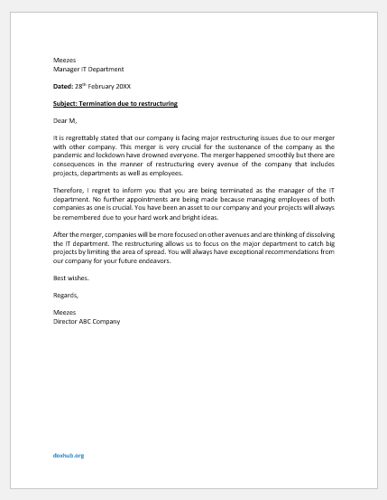 Termination letter due to restructuring
