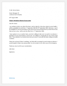 Workplace absence excuse letter
