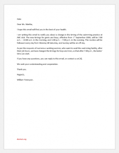 Email to Parent Regarding Change of Swimming Time