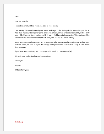 Email to Parent Regarding Change of Swimming Time