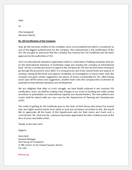 ISO certification announcement letter -1