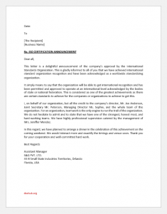 ISO certification announcement letter