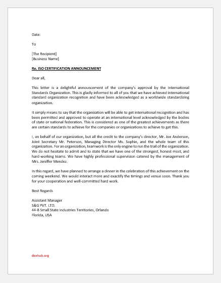 ISO certification announcement letter