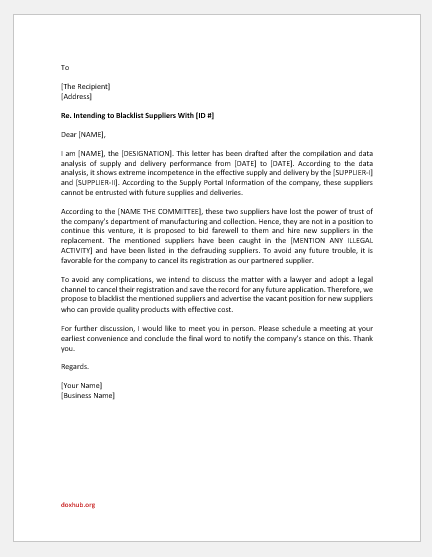 Letter of intent to blacklist a supplier