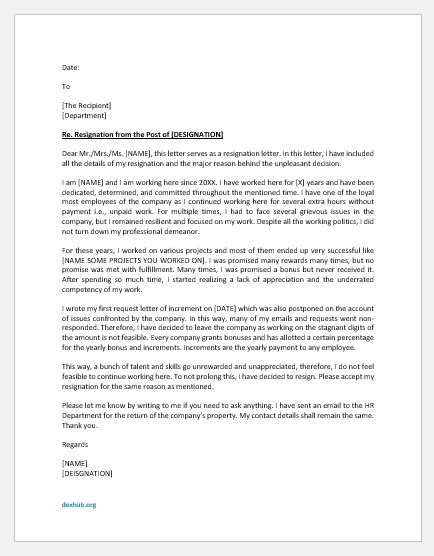 Resignation letter due to no increment