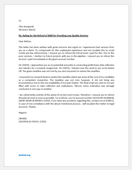 Letter to ask for refund due to poor services