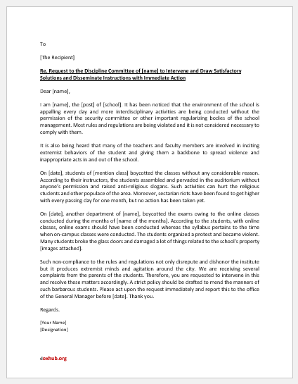 Letter Requesting Discipline Committee to Intervene