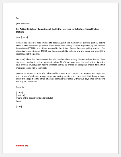Letter Requesting Discipline Committee to Intervene