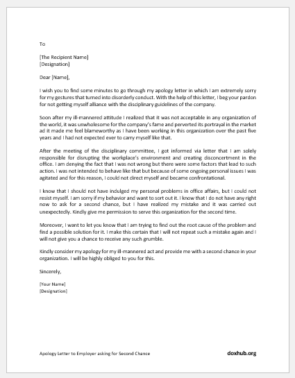 Apology Letter to Employer asking for Second Chance