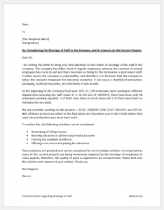 Complaint letter regarding shortage of staff