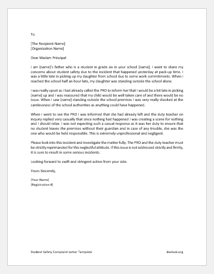 Student Safety Complaint Letter Template