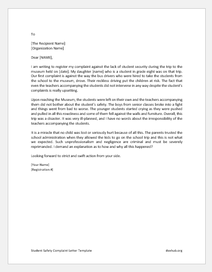 Student Safety Complaint Letter Template