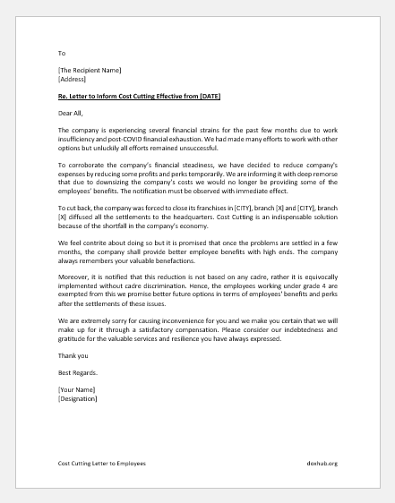 Cost Cutting Letter to Employees 