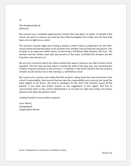 Letter to Respond to a Complaint on Student’s Safety