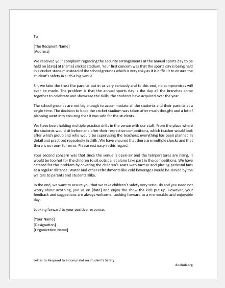 Letter to Respond to a Complaint on Student’s Safety