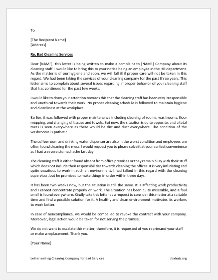 Letter writing Cleaning Company for Bad Services