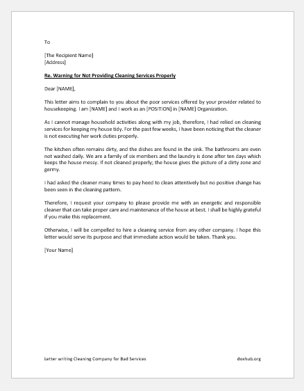 Letter writing Cleaning Company for Bad Services