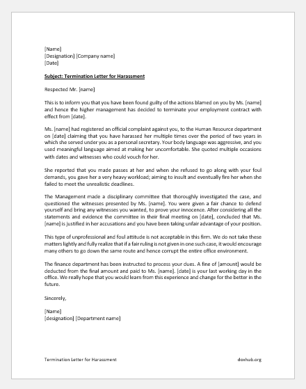 Termination Letter for Harassment