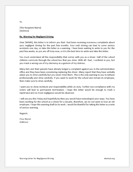 Warning Letter for Negligence Driving 
