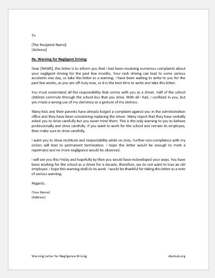 sample complaint letter for reckless driving