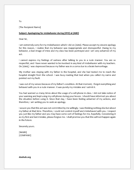 apology letter for misbehaviour