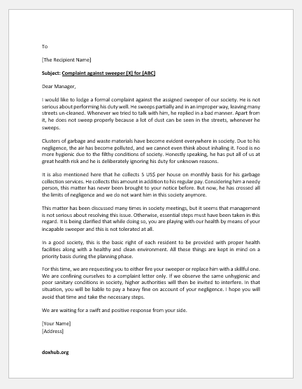 Complaint Letter against Sweeper