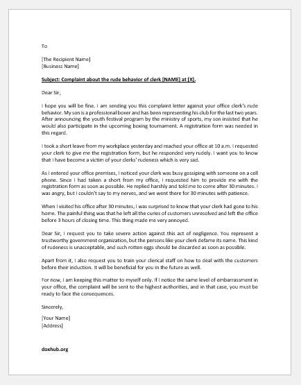 Complaint letter for rude behavior of clerk
