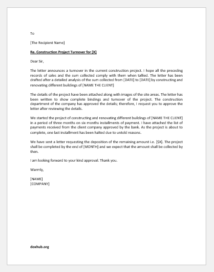 Construction project turnover letter