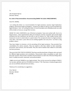 Legal services recommendation letter template