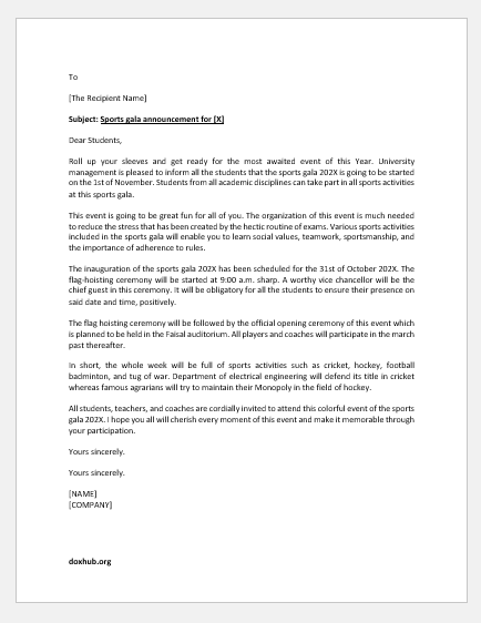 Sports Gala Announcement Letter to Students