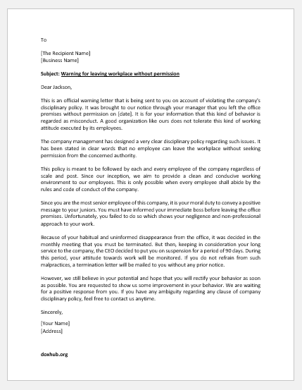 Warning Letter for Leaving Workplace without Permission