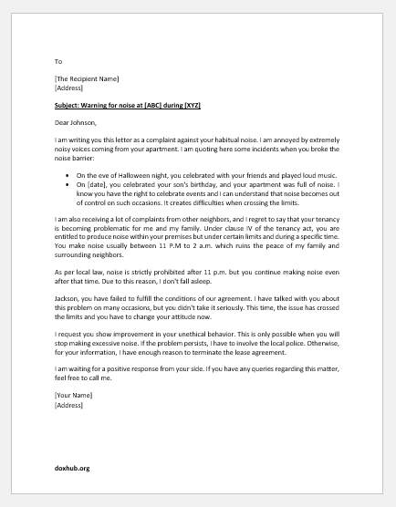 Warning letter to tenant for noise