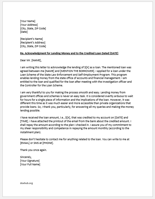Acknowledgment Letter for Lending Money
