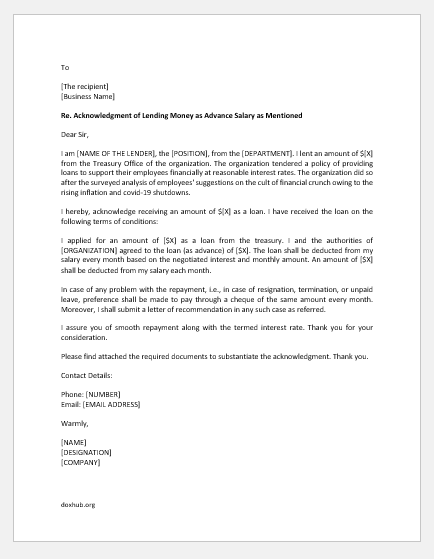 Acknowledgment Letter for Lending Money