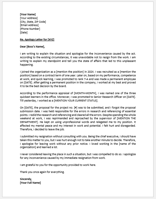 Apology Letter to Boss after Leaving the Company