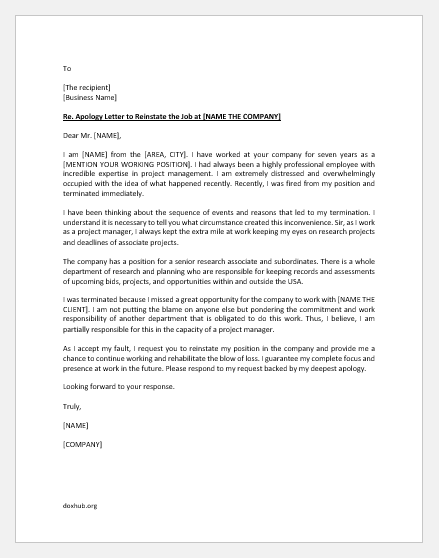 Apology Letter to Boss to Reinstate the Job