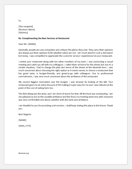 Compliment Letter for Good Restaurant Customer Service