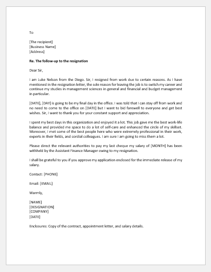 Follow-Up Letter After Resignation