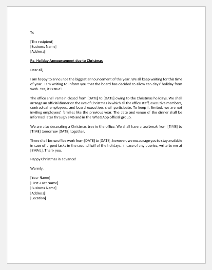 Holiday Announcement letter due to Christmas
