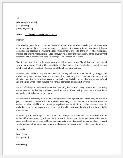 Letter Reporting Employee Misconduct to HR