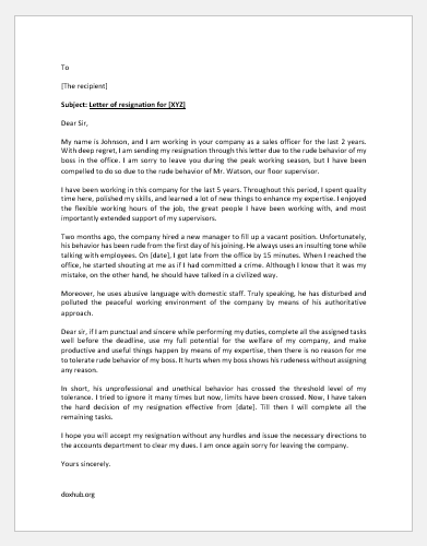 Letter of resignation for rude behavior