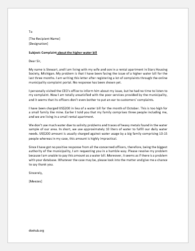 Letter to Municipality for Higher Water Bill