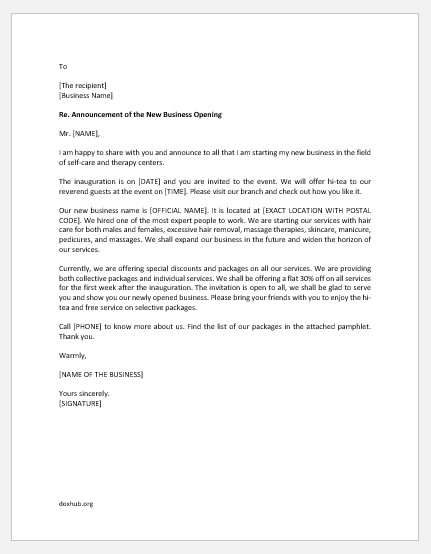 Letter to announce new business opening