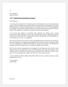 Monday Friday absenteeism warning letter