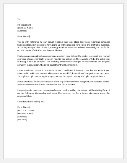Online Toy Store Business Proposal Letter